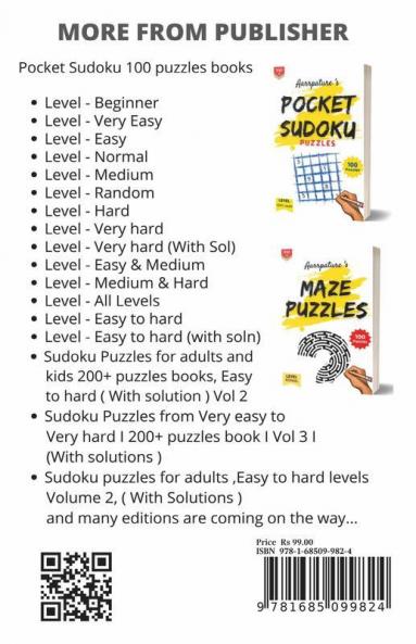 Pocket Sudoku Puzzles [ Easy Andamp; Medium Level ] : Combo Of 100 Sudoku Puzzles Of Easy And Medium Level For Beginners Kids And Adults [ Volume 1 ]