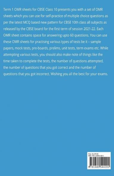 Term 1 Class 10 Set Of 50 Omr Sheets (60 Questions Each) For Mcq Mock Tests Sample Papers Preboards Prelims: Self-Practice Mcqs For All Subjects Grade 10 Cbse Board Exams 2021-22