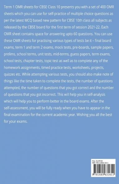 Term 1 Class 10 Set of 400 OMR Sheets (60 Questions each) for MCQ Mock Tests Sample Papers Preboards Prelims School Term Exams Chapter Topic Unit Test : Self Practice MCQs for All Subjects Grade 10...
