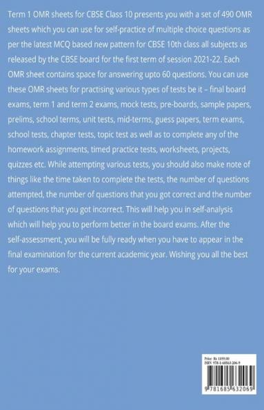 Term 1 Class 10 Set of 490 OMR Sheets (60 Questions each) for MCQ Mock Tests Sample Papers Preboards Prelims School Term Exams Chapter Topic Unit Test : Self Practice MCQs for All Subjects Grade 10...
