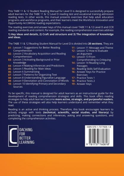 TABE 11 and 12 CONSUMABLE STUDENT READING MANUAL FOR LEVEL D