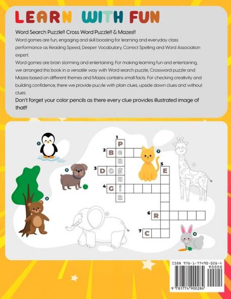 Learn With Fun Activity Book For Kids: Word Search Puzzle Crossword Puzzle and Mazes On Different Theme With Coloring Activity