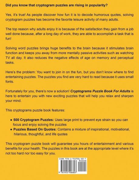 Cryptograms Puzzle Book For Adults - 500 Large Print Cryptogram Puzzles To Improve Memory And Sharpen Brain