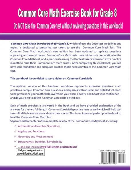 Common Core Math Exercise Book for Grade 8: Student Workbook and Two Realistic Common Core Math Tests
