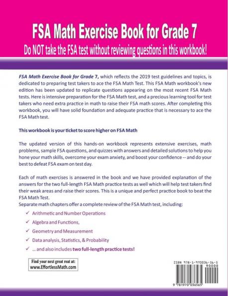 FSA Math Exercise Book for Grade 7: Student Workbook and Two Realistic FSA Math Tests