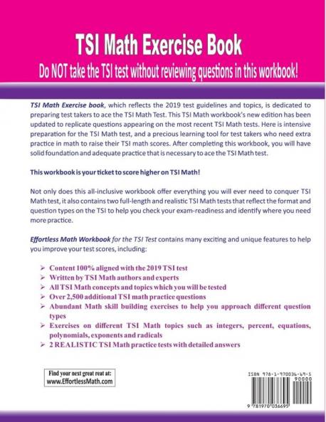 TSI Math Exercise Book: Student Workbook and Two Realistic TSI Math Tests