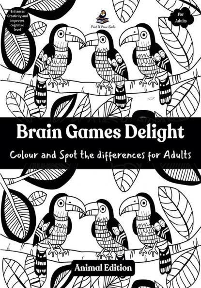 Brain Games Delight - Colour and Spot the differences for Adults- Animal Edition