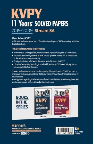 KVPY 11 Years Solved Papers 2019-2009 Stream SA