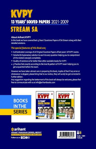 KVPY 13 Years Solved Papers 2021-2009 Stream SA