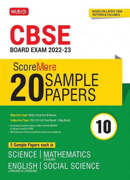 MTG CBSE ScoreMore 21 Sample Papers Class 10 Science Mathematics Standard English Language & Literature and Social Science Books For 2023 Board Exam (Based on Latest CBSE Sample Paper Released on 16th Sep)