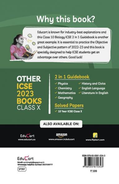 Educart ICSE Class 10 BIOLOGY Guidebook 2022-23 Question Bank + Sample Papers 2023 Exam (Including Previous 10 Years Questions)