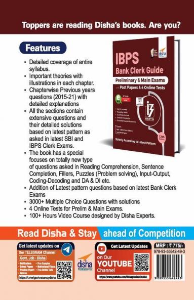 IBPS Bank Clerk Guide for Preliminary & Main Exams with Past Papers with 100+ Hours Video Course & 4 Online Tests (12th Edition)