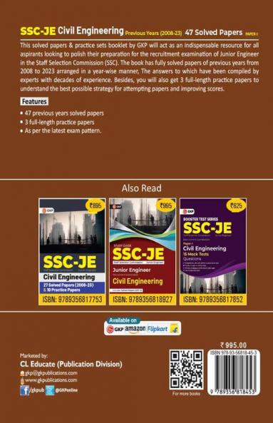 GKP SSC 2024 : Junior Engineer - Paper I - Civil Engineering - 47 Previous Years Solved Papers (2008-23) 3 Practice Papers
