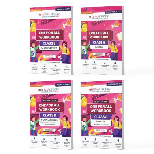 Oswaal NCERT & CBSE One For All Workbook For Class 8 | Mathematics | Science | Social Science | English | Updated As Per NCF | MCQ's | VSA | SA | LA | Set Of 4 Books | For Latest Exam
