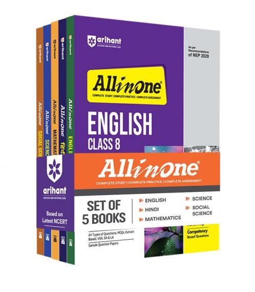 All In One Science Social Science Mathematics English and Hindi Class 8th Based on Latest NCERT For CBSE Exams 2025 | Mind map | All type of Questions MCQs Extract Based VSA SA & LA (Set of 5 Books)