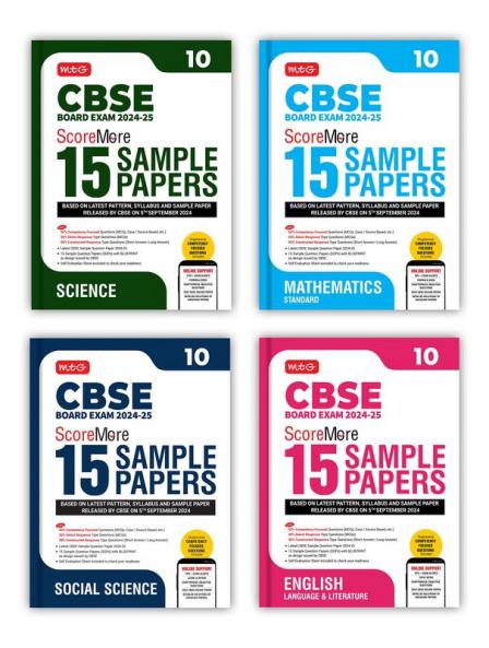 MTG CBSE Class 10 ScoreMore 15 Sample Papers Science Mathematics Standard Social-Science & English Books For 2025 Board Exam (Set of 4) | Detailed Solutions of Each Chapter | Based on Latest CBSE Pattern & Syllabus