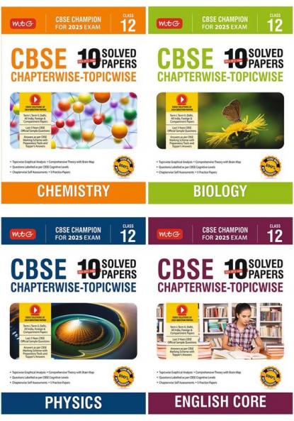 MTG CBSE 10 Years (2024-2015) Chapterwise Topicwise Solved Papers With Question Bank Class 12 Physics Chemistry Biology English (Set of 4 Books) - CBSE Champion For 2025 Exam | Video Solution of PYQs