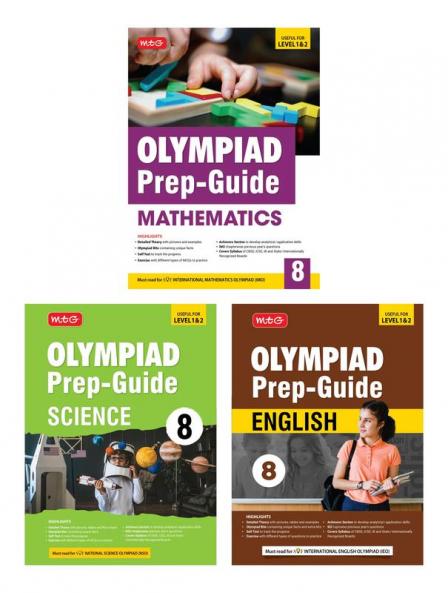 MTG Olympiad Prep-Guide Class-8 Mathematics Science & English (Set of 3 Books) - Detailed Theory Self Test with IMO-NSO-IEO Chapterwise Previous Year Question Paper For SOF 2024-25 Exam