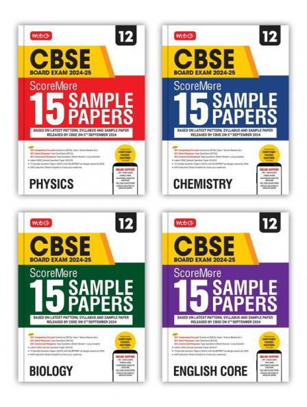 MTG CBSE Class 12 ScoreMore 15 Sample Papers Physics Chemistry Biology & English Books For 2025 Board Exam (Set of 4) | Detailed Solutions of Each Chapter | Based on Latest CBSE Pattern & Syllabus