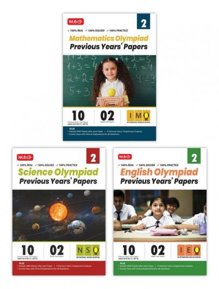 MTG IMO-NSO-IEO Class-2 Olympiad Previous Years Papers (2023-2019 Set A & B) Mathematics Science & English (Set of 3 Books) | Mock Test Papers with Sample OMR Sheet For 2024-25 Exam