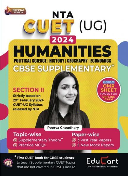 Educart CUET UG 2024 Humanities CBSE Supplementary Book of History + Political Science + Geography + Economics (Additional Topics + Past Year Papers + Mock Papers on new syllabus)