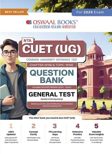 Oswaal CUET (UG) | COMMON UNIVERSITY ENTRANCE TEST | Chapter-wise Question Bank | Solved Papers (2021 - 2024) | Section 3 (Compulsory) General Test Book For Exam 2025