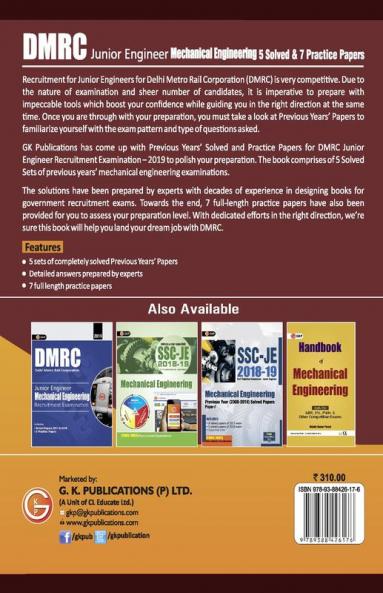 DMRC 2019 : Junior Engineer  Mechanical Engineering  Previous Years' Solved Papers (12 Sets)