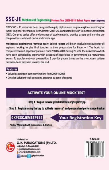 SSC JE Mechanical Engineering for Junior Engineers Previous Year Solved Papers (2008-18) 2018-19 for Paper I
