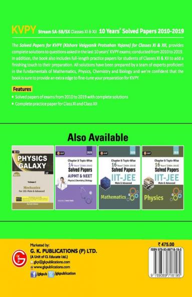 KVPY 2020 - Stream SA & SB/SX (Class XI & XII) 10 Years' Solved Papers 2010 - 2019