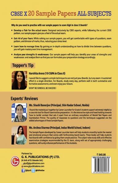Ultimate CBSE X 2021 based on Reduced Syllabus & as per the Latest CBSE Sample Papers for 2021. Includes 20 Sample Papers (5 Science 5 Mathematics Standard 5 Social Science & 5 English Language & Literature) and Solved papers of 2020