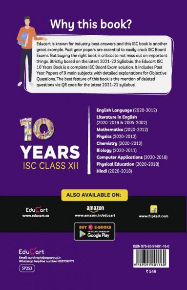 Educart 10 Years Solved Papers ISC for Class 12 For 2022