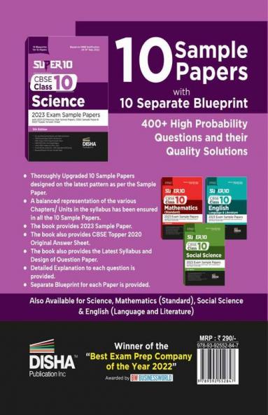 Super 10 CBSE Class 10 Science 2023 Exam Sample Papers with 2021-22 Previous Year Solved Papers CBSE Sample Paper & 2020 Topper Answer Sheet | 10 Blueprints for 10 Papers | Solutions with marking scheme |