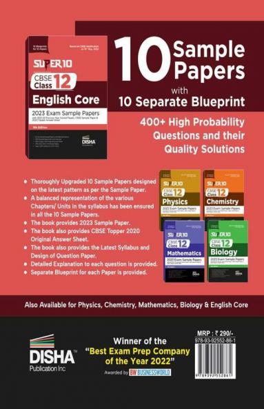 Super 10 CBSE Class 12 English Core 2023 Exam Sample Papers with 2021-22 Previous Year Solved Papers CBSE Sample Paper & 2020 Topper Answer Sheet | 10 Blueprints for 10 Papers | Solutions with marking scheme |