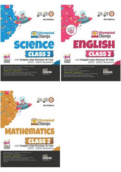 Class 2 Olympiad Champs Combo (set of 3 books) Science Mathematics English with Chapter-wise Previous 10 Year (2013 - 2022) Questions 4th Edition | Complete Prep Guide with Theory PYQs Past & Practice Exercise