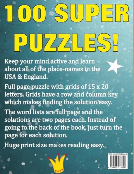 Huge Print USA & England Word Search: 100 Large Print Place Name Puzzles featuring cities in every US State and English Count: 4 (Huge Print Word Search)