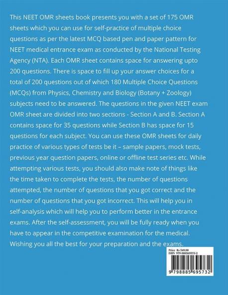 NEET UG Set of 175 OMR Sheets (200 MCQs each) For Self Practice Mock Tests Sample Paper PYQs : NEET DPP Previous Year Test Series Medical Entrance NTA Exam