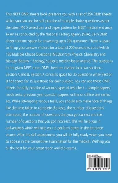 Neet Ug Set Of 250 Omr Sheets (200 Mcqs Each) For Self Practice Mock Tests Sample Paper Pyqs : Neet Dpp Previous Year Test Series Medical Entrance Nta Exam