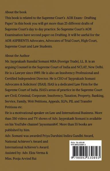 SUPREME COURT’S AOR EXAM- DRAFTING : Formates of more than 25 Drafts for AOR  Exam Paper 2 - Drafting