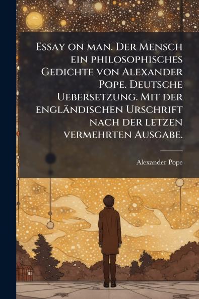 Essay on man. Der Mensch ein philosophisches Gedichte von Alexander Pope. Deutsche Uebersetzung. Mit der englÃ¤ndischen Urschrift nach der letzen vermehrten Ausgabe.
