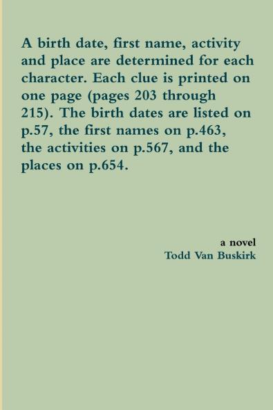 A birth date first name activity and place are determined for each character. Each clue is printed on one page (pages 203 through 215). The birth dates are listed on p.57 the first names on p.463 the activities on p.567 and the places on p.654.