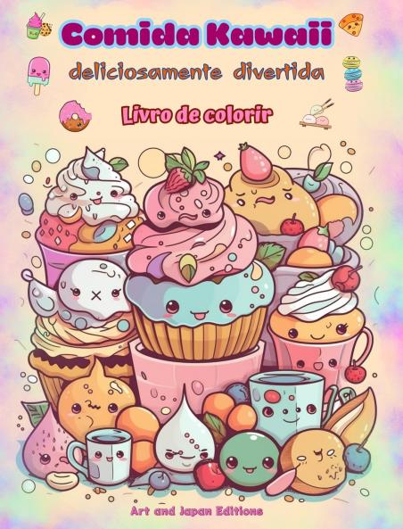Comida Kawaii deliciosamente divertida | Livro de colorir | Desenhos kawaii fofos para amantes de comida