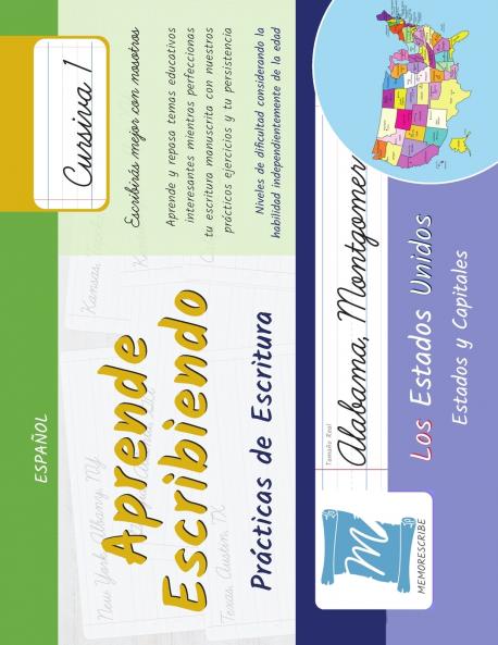 Prácticas de Escritura - Estados y Capitales de los Estados Unidos - Letra Cursiva Nivel 1