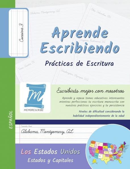 Prácticas de Escritura - Estados y Capitales de los Estados Unidos - Letra Cursiva Nivel 3