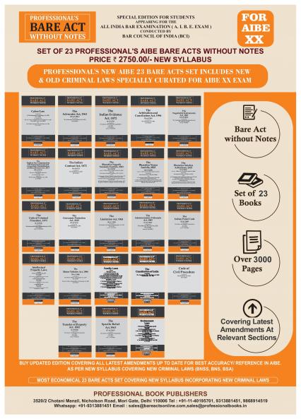 NEW SYLLABUS PROFESSIONAL'S AIBE 23 Bare Acts set without Notes Set of 23 Books Combo as per Bar Council of India Guidelines covering New Criminal Laws and Old Criminal Laws/ Latest amendments- Value Edition containing old and new Criminal Laws