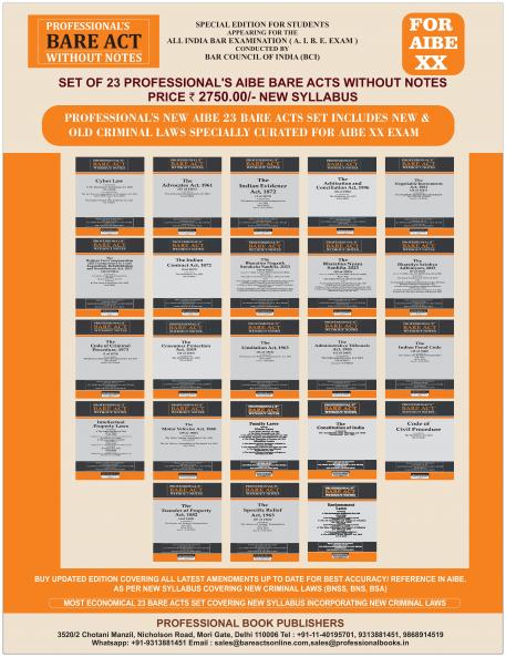 NEW SYLLABUS PROFESSIONAL'S AIBE 23 Bare Acts set without Notes Set of 23 Books Combo as per Bar Council of India Guidelines covering New Criminal Laws and Old Criminal Laws/ Latest amendments- Value Edition containing old and new Criminal Laws