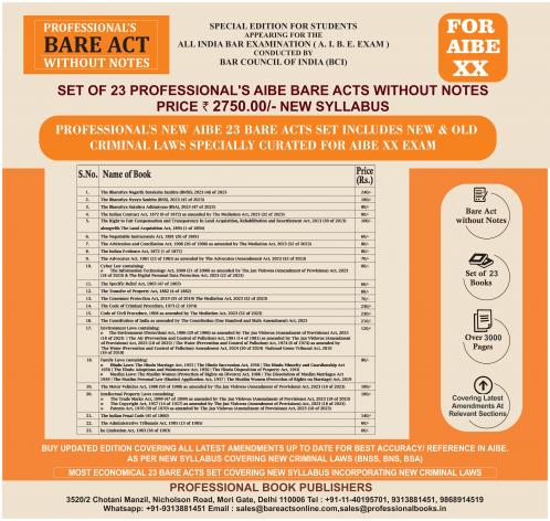 NEW SYLLABUS PROFESSIONAL'S AIBE 23 Bare Acts set without Notes Set of 23 Books Combo as per Bar Council of India Guidelines covering New Criminal Laws and Old Criminal Laws/ Latest amendments- Value Edition containing old and new Criminal Laws