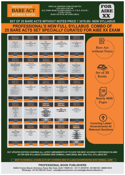 PROFESSIONAL'S AIBE Exam 25 Bare Acts Set without Notes as per New Syllabus Complete Set of 25 Books Combo as per Bar Council of India Guidelines covering Latest up to date amendments- covering New Criminal Laws & Full Syllabus Economy Edition