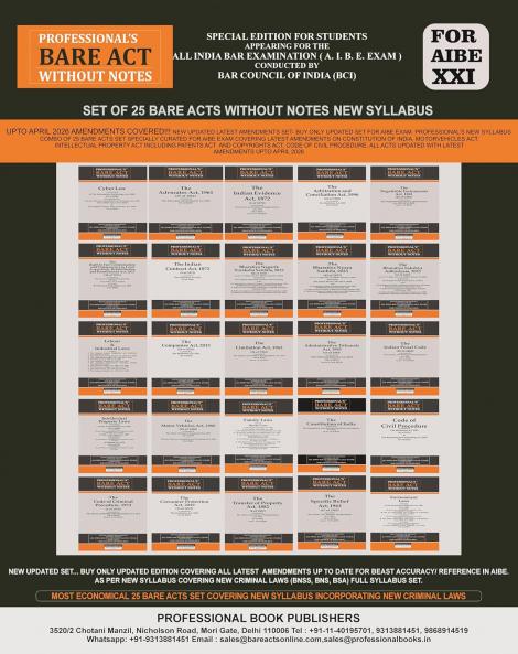 PROFESSIONAL'S AIBE Exam 25 Bare Acts Set without Notes as per New Syllabus Complete Set of 25 Books Combo as per Bar Council of India Guidelines covering Latest up to date amendments- covering New Criminal Laws Companies & Labour Laws Max Syllabus Coverage Edition