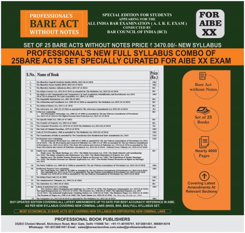 PROFESSIONAL'S AIBE Exam 25 Bare Acts Set without Notes as per New Syllabus Complete Set of 25 Books Combo as per Bar Council of India Guidelines covering Latest up to date amendments- covering New Criminal Laws & Full Syllabus Economy Edition