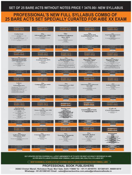 PROFESSIONAL'S AIBE Exam 25 Bare Acts Set without Notes as per New Syllabus Complete Set of 25 Books Combo as per Bar Council of India Guidelines covering Latest up to date amendments- covering New Criminal Laws & Full Syllabus Economy Edition
